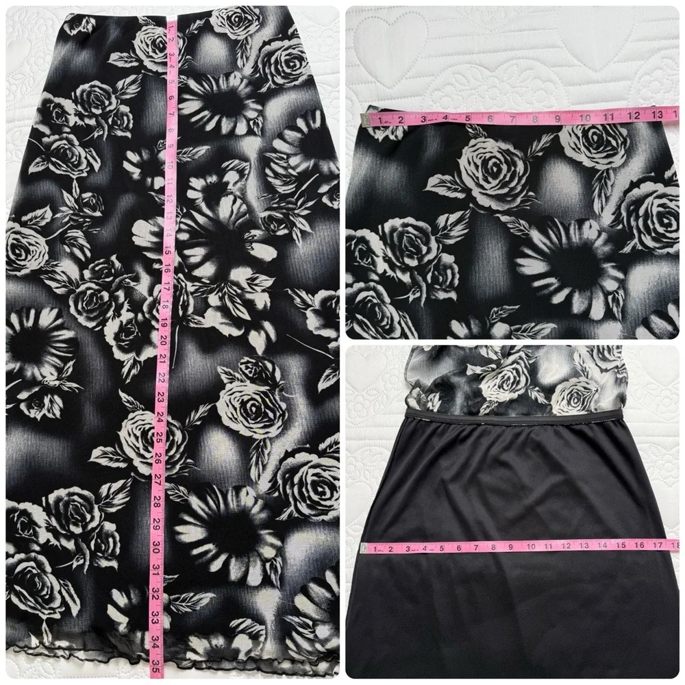 y2k Vintage Black White Dark Floral Rose Micro Mesh Lettuce Hem Skirt Small - Picture 9 of 10